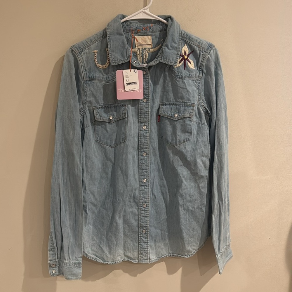 Free‎ People The Wolves Blue Denim Embroidered Snap Fitted Cowboy Shirt NEW XS - Picture 2 of 10